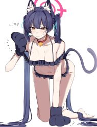 ...? 1girl absurdly_long_hair absurdres all_fours animal_collar animal_ears animal_hands bare_shoulders barefoot bell bikini black_bikini black_gloves blue_archive blue_hair blue_ribbon blush breasts cat_ears cat_girl cat_tail collar collarbone embarrassed frilled_bikini frills full_body gloves gunpuu hair_intakes hair_ribbon halo highres jingle_bell long_hair navel neck_bell official_alternate_costume orange_eyes paw_gloves pink_halo red_collar ribbon ruffle_bikini serika_(blue_archive) serika_(swimsuit)_(blue_archive) simple_background small_breasts solo stomach sweat swimsuit tail v-shaped_eyebrows very_long_hair white_background