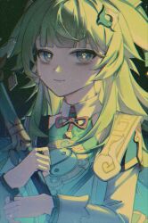 1girl absurdres bags_under_eyes chinese_clothes closed_mouth collar commentary_request droopy_ears earrings green_eyes green_hair hair_ornament highres holding holding_staff honkai:_star_rail honkai_(series) huohuo_(honkai:_star_rail) jewelry long_hair looking_at_viewer paw-shaped_pupils slowfrost solo staff symbol-shaped_pupils upper_body white_collar