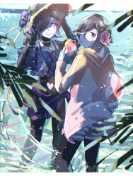 2021 2boys absurdres adjusting_clothes adjusting_headwear alternate_costume androgynous android artist_name ball bare_shoulders beachball bikini bikini_skirt black_eyes black_hair black_lips black_sclera bracelet brown_hat choker chromatic_aberration colored_sclera commentary crazy_straw cup dated dress drinking_straw drinking_straw_in_mouth dual_persona elbow_carry english_commentary epictale eyeshadow feet_out_of_frame film_grain floral_print_bikini flower flower_hat food frilled_bikini frills from_behind fruit gold_choker gold_necklace grey_shorts grin hair_flower hair_ornament hair_over_one_eye hat heart heart_necklace heart_straw highres holding holding_ball holding_beachball holding_cup hood hood_down hoodie jewelry leaf lemon lemon_slice long_sleeves looking_at_viewer looking_back makeup male_focus mechanical_arms mettaton mettaton_ex miniskirt multicolored_hair multiple_boys necklace ocean one_eye_covered orange_hoodie outdoors partially_submerged pink_eyeshadow pink_flower pink_hair pleated_dress puffy_long_sleeves puffy_sleeves purple_bikini purple_flower purple_skirt ruannu short_hair short_sleeves shorts skirt sky smile standing streaked_hair striped_clothes striped_shorts sun_hat swimsuit two-tone_hair two-tone_shorts undertale white_eyes white_shorts white_sky xtale