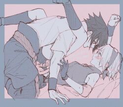 1boy 1girl blush haruno_sakura hetero highres kbuc339 leg_on_another&#039;s_shoulder looking_at_another naruto_(series) stuck_in_a_box sweat uchiha_sasuke