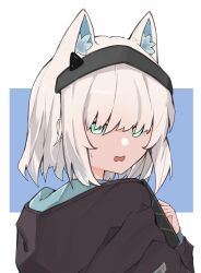 1girl animal_ear_fluff animal_ears arknights black_hairband black_jacket c2_jun character_request check_character chinese_commentary commentary_request green_eyes grey_hair hair_over_eyes hairband highres hood hood_down hooded_jacket jacket long_sleeves looking_at_viewer open_mouth reserve_operator_guard_(arknights) short_hair solo sweatdrop turning_head upper_body wavy_mouth