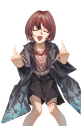 1girl absurdres black_shorts blue_jacket closed_eyes commentary doki_illus double_middle_finger english_commentary facing_viewer girls_band_cry haori highres iseri_nina jacket japanese_clothes kuuhaku_to_catharsis leg_ribbon middle_finger open_clothes open_jacket open_mouth red_hair red_ribbon red_shirt ribbon shirt short_hair shorts simple_background solo thigh_ribbon white_background
