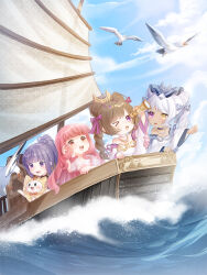 &gt;_o 4girls ace_(miracle_nikki) animal artist_request bare_shoulders beads besan_(miracle_nikki) bestt_(miracle_nikki) bird black_choker blue_bow blue_sky blunt_bangs boat bow bowtie braided_twintails brown_hair cat chibi choker circlet cloak clothed_animal cloud cone_hair_bun crescent crescent_hair_ornament dark-skinned_female dark_skin detached_sleeves dot_nose double_bun dress ear_covers eyelashes game_cg gold_necklace hair_beads hair_bow hair_bun hair_ornament hand_in_own_hair heterochromia highres holding holding_telescope hood hood_up hooded_cloak jewelry light_blush light_particles long_hair long_sleeves looking_at_another miracle_nikki momo_(nikki) multiple_girls necklace nikki_(nikki) nikki_(series) ocean official_art one_eye_closed open_mouth orange_bow orange_bowtie outstretched_arm pink_dress pink_hair pointing pointing_forward pom_pom_(clothes) ponytail puffy_short_sleeves puffy_sleeves purple_eyes purple_hair purple_ribbon ribbon sailboat sailing seagull see-through_clothes see-through_sleeves short_sleeves siblings sidelocks sisters sky sleeve_ribbon smile snowflake_necklace strapless strapless_dress teeth telescope third-party_source traditional_bowtie twins upper_teeth_only watercraft waves wavy_hair whiskers white_cat white_choker white_dress white_hair white_sleeves wide_sleeves yellow_cloak yellow_eyes