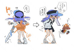 !? 1boy 1girl ^^^ anger_vein angry arms_behind_back arrow_(symbol) before_and_after black_neckerchief black_sailor_collar black_shorts black_visor blue_hair blue_visor blunt_bangs blunt_ends blunt_sidelocks blush chibi chibi_inset closed_eyes collared_shirt colored_tongue commentary_request coula_cat dark-skinned_male dark_skin dolphin_shorts dot_nose dripping dropping eyebrows_hidden_by_hair fangs from_behind full_body grey_eyes gun hands_on_own_ass hat highres holding holding_gun holding_weapon ink ink_tank_(splatoon) inkling inkling_girl inkling_player_character laughing leaning_forward long_hair long_sidelocks long_sleeves mohawk multiple_views narrowed_eyes neckerchief nintendo octoling octoling_boy octoling_player_character open_mouth orange_hair paint_splatter pointy_ears prank range_blaster_(splatoon) sailor_collar sandals shirt shorts shouting sidelocks simple_background solo_focus speech_bubble splatoon_(series) spoken_anger_vein squiffer_(splatoon) suction_cups surprised sweatdrop teasing tentacle_hair three_quarter_view translation_request two-tone_hat visor_cap weapon wet white_background white_sandals white_shirt