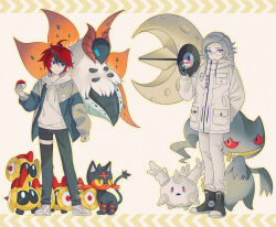 2boys 6+others 7nite absurdres ahoge aotsuki_eito banette black_gloves black_jacket black_pants black_shoes black_streaks blue_eyes chinese_commentary crossover falinks galarian_corsola galarian_form gen_3_pokemon gen_5_pokemon gen_7_pokemon gen_8_pokemon glasses gloves grey_eyes grey_hair grey_jacket highres holding holding_poke_ball hood hoodie jacket jacket_over_hoodie litten looking_at_viewer lunatone multicolored_hair multicolored_jacket multiple_boys multiple_others nintendo pants poke_ball pokemon pokemon_(creature) premier_ball red_hair shoes short_hair smile streaked_hair sumino_takumi the_hundred_line_-last_defense_academy- two-tone_jacket volcarona weibo_username white_background white_hoodie white_jacket white_pants white_shoes