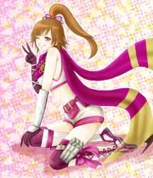 blush brown_eyes brown_hair crop_top detached_sleeves fishnet_sleeves fishnet_thighhighs fishnets kneeling kunai kunoichi_(sengoku_musou) midriff ninja one_eye_closed red_scarf ribbon scarf sengoku_musou shorts side_ponytail smile thighhighs v weapon wink