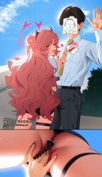 1boy 1girl black_horns blue_archive blush bracelet breasts doodle_sensei_(blue_archive) double_bun ett exhibitionism fake_nails female_masturbation gyaru hair_bun halo highres horn_hairband horns jewelry kirara_(blue_archive) masturbation one_eye_closed outdoors panty_cutout paper_on_head pearl_thong pink_hair pink_halo pink_nails public_indecency red_eyes school_uniform sensei_(blue_archive) stealth_masturbation sweat thighs waving wink wristband
