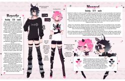2boys black_hair ear_piercing english_text face_piercing highres horns lip_piercing mazamuno mongrel_(mazamuno) mouth_piercing multiple_boys nail_art original piercing pink_eyes pink_hair pink_nails reference_sheet white_horns yaoi