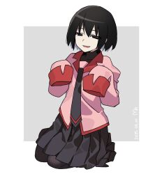 Rule 34 | 1girl, absurdres, black eyes, black hair, black necktie, black pantyhose, black skirt, black undershirt, bob cut, collared shirt, dated, empty eyes, full body, grey background, hair between eyes, highres, long sleeves, looking at viewer, manimani (mani ma), monogatari (series), naoetsu high school uniform, necktie, open mouth, oshino ougi, pantyhose, pink shirt, pleated skirt, school uniform, shirt, short hair, signature, sitting, skirt, sleeves past fingers, sleeves past wrists, smile, solo