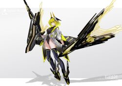1girl black_boots black_gloves black_leotard black_thighhighs blonde_hair blush boots closed_mouth commentary_request full_body gloves grey_background hair_between_eyes headgear highres holding holding_weapon jacket leotard mecha_musume mechanical_wings open_clothes open_jacket original sarasadou_dan shadow short_hair solo standing thighhighs three-quarter_sleeves weapon white_jacket wings yellow_eyes yellow_wings