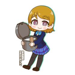 1girl aqua_bow artist_name artist_request black_legwear blue_bow blue_cardigan blue_jacket blue_skirt blush bow bowtie breasts brown_hair cardigan checkered_clothes checkered_skirt chibi collared_shirt female_focus full_body hair_between_eyes holding holding_pot jacket koizumi_hanayo long_sleeves love_live! love_live!_school_idol_project miniskirt otonokizaka_school_uniform plaid_clothes plaid_skirt pleated pleated_skirt pot purple_eyes school_uniform shirt shoes short_hair skirt small_breasts solo striped_bow white_background white_shirt