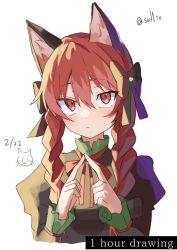 Rule 34 | 1girl, :/, animal ear fluff, animal ears, black bow, bow, braid, cat ears, cropped torso, dress, fingers together, green dress, hair between eyes, hair bow, hands up, highres, juliet sleeves, kaenbyou rin, light blush, long hair, long sleeves, looking at viewer, puffy sleeves, red eyes, red hair, red ribbon, ribbon, simple background, solo, touhou, tsukikaze aki, twin braids, twintails, upper body, white background