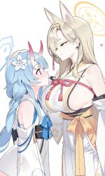 Rule 34 | 2girls, amy 016, animal ears, arm at side, armpit crease, artist name, bare shoulders, blonde hair, blue archive, blue bow, blue bowtie, blue hair, blue halo, blush, bow, bowtie, braid, braided ponytail, breasts, chise (blue archive), closed mouth, commentary, dated, detached sleeves, flower, fox ears, fox girl, from side, gradient horns, hair behind ear, hair flower, hair ornament, hairband, hakama, half-closed eyes, halo, hand on another&#039;s head, heart, height difference, highres, horns, japanese clothes, kaho (blue archive), kimono, large breasts, long hair, long sleeves, looking at another, looking down, looking up, mole, mole under mouth, multicolored horns, multiple girls, no pupils, nose blush, obi, profile, red eyes, red horns, rope, sailor collar, sash, short kimono, sideboob, sideless kimono, sidelocks, simple background, single braid, skin-covered horns, sleeveless, sleeveless kimono, smile, standing, symbol-only commentary, tassel, very long hair, white background, white flower, white hakama, white kimono, white sailor collar, wide-eyed, wide sleeves, yellow eyes, yellow hairband, yellow halo, yuri