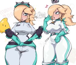 1girl biker_rosalina blonde_hair blue_eyes breasts clothes_around_waist earrings gloves hair_over_one_eye jewelry large_breasts luma_(mario) mario_(series) mario_kart mario_kart_world mendo&#039;s_art multiple_views nintendo ponytail rosalina rosalina_(pro_racer) star_(symbol) star_earrings thick_thighs thighs wide_hips