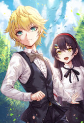1boy 1girl aqua_eyes black_hair black_pants black_ribbon black_vest blonde_hair bow bowtie buttons character_request closed_mouth cloud collared_shirt copyright_request cover cover_page grey_bow grey_bowtie hair_ornament hairband highres long_hair long_sleeves neck_ribbon novel_cover novel_illustration official_art open_mouth pants red_hairband ribbon sakiyamama shirt sky tree vest white_shirt yellow_eyes