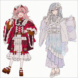 2girls :d adapted_costume blue_eyes brown_shoes closed_mouth color_of_myself!_(project_sekai) dress frilled_sleeves frills gloves grey_background grey_gloves grey_hair grey_kimono hair_between_eyes hakusai_(tiahszld) hand_on_own_hip hand_up hands_up high_heels highres himitsu_no_valentine_daisakusen!_(project_sekai) hinomori_shizuku japanese_clothes kimono long_hair long_sleeves momoi_airi multiple_girls open_mouth pantyhose pinching_sleeves pink_hair project_sekai red_eyes red_kimono revision shoes simple_background smile standing standing_on_one_leg swept_bangs two_side_up v white_dress white_pantyhose white_shoes wide_sleeves