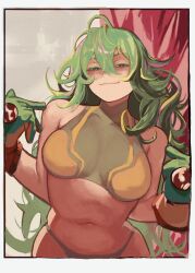 1girl bare_shoulders boku_no_hero_academia border breasts closed_mouth commentary english_commentary gloves green_eyes green_gloves green_hair green_panties hagakure_toru half-closed_eyes highres large_breasts long_hair looking_at_viewer messy_hair navel nnsee_d panties smile solo underwear unusually_visible white_border