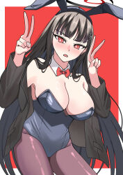 1girl absurdres animal_ears bare_shoulders black_hair black_jacket blazer blue_archive blush bow bowtie commentary_request detached_collar double_v eternal_kenkyu hair_ornament hairclip halo highres jacket leotard long_hair looking_at_viewer open_mouth pantyhose playboy_bunny purple_pantyhose rabbit_ears ringed_eyes rio_(blue_archive) solo v