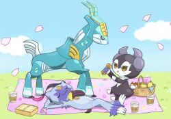 animal_focus apple basket berry_(pokemon) bitten_apple blue_sky booster_energy_(pokemon) box claws closed_eyes cloud commentary falling_petals food food_bite fruit gen_8_pokemon grass highres horizon indeedee indeedee_(male) iron_crown leftovers_(pokemon) lying nintendo non-humanoid_robot oawa_oo on_back outdoors petals picnic pokemon pokemon_(creature) robot sandwich sitrus_berry sitting sky sneasler symbol-only_commentary