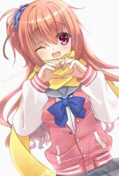 1girl ;d absurdres adversarial_noise blue_bow blue_bowtie blue_scrunchie blush bow bowtie commentary_request cowboy_shot dutch_angle eyes_visible_through_hair grey_sailor_collar hair_between_eyes hair_ornament hair_scrunchie hands_up happy heart heart_hands highres inaba_meguru jacket letterman_jacket long_hair looking_at_viewer one_eye_closed one_side_up open_mouth orange_hair partially_unbuttoned pink_jacket red_eyes ryuua_(pink-moon_8739) sailor_collar sanoba_witch scarf school_uniform scrunchie serafuku simple_background sleeves_past_wrists smile solo tareme twitter_username white_background white_sleeves yellow_scarf