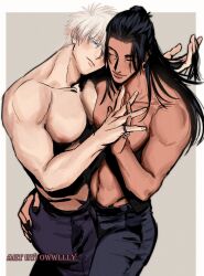 Rule 34 | 2boys, artist name, black hair, black pants, blue eyes, blush, closed mouth, couple, getou suguru, gojou satoru, hair bun, hair slicked back, hand in another&#039;s hair, hand on another&#039;s ass, highres, holding hands, interlocked fingers, jewelry, jujutsu kaisen, large pectorals, light smile, looking at another, male focus, mature male, multiple boys, muscular, muscular male, nipples, open mouth, outside border, owwllly, pants, pectorals, piercing, ring, short hair, simple background, topless male, white hair, yaoi