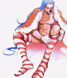 Rule 34 | 1boy, abs, bara, blue hair, buggy the clown, cape, clown nose, convenient censoring, eyelashes, facial hair, fur-trimmed cape, fur trim, gloves, goatee stubble, highres, large pectorals, long hair, looking at viewer, male focus, navel, one piece, orange cape, parted lips, pectorals, putting on legwear, simple background, sitting, solo, striped clothes, striped thighhighs, stubble, thighhighs, vamos mk, very long hair, white background, white gloves