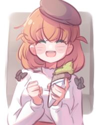 1girl :d ^_^ absurdres beret black_bow blush border bow breasts brown_hat closed_eyes commentary_request facing_viewer food grey_background hat highres hinoshita_kaho hinoshita_kaho_(first_date) holding holding_food holding_ice_cream holding_ice_cream_cone ice_cream ice_cream_cone iirin link!_like!_love_live! long_sleeves love_live! matcha_(food) medium_breasts official_alternate_costume open_mouth orange_hair shirt shirt_bow simple_background smile soft_serve solo teeth thai_commentary tilted_headwear two_side_up upper_body upper_teeth_only virtual_youtuber white_border white_shirt