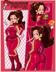 1girl ass ass_focus belt blue_eyes bodysuit boots breasts brown_hair burger closed_eyes earrings eating english_text from_behind heart jewelry large_breasts lips looking_back mario_(series) mario_kart mario_kart_world mayo_(funnyhoohooman) nintendo pauline_(mario) ponytail