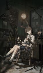1girl absurdres amiya_(arknights) animal_ears anklet arknights billboard black_hairband black_ribbon black_shoes black_skirt brown_hair camera chair character_name chest_of_drawers clapperboard closed_mouth commentary dragon_bubble_(arknights) film_strip fingernails full_body green_eyes hair_between_eyes hair_intakes hairband highres holding holding_camera indoors jewelry kneehighs lamp lens_flare light_particles long_hair long_sleeves looking_at_viewer movie_projector multiple_rings neck_ribbon nueegochi on_chair paper picture_frame projector recording_studio ribbon ring shelf shirt shoes sitting skirt smile socks solo stage_lights studio video_camera white_shirt white_socks