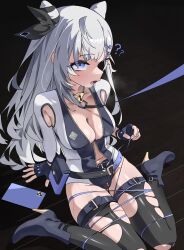 Rule 34 | 1girl, ?, ??, alternate costume, ankle boots, armpit cutout, belt, belt pouch, black boots, black gloves, black thighhighs, boots, breasts, captured, clothing cutout, commentary, cone hair bun, double bun, english commentary, fingerless gloves, gloves, grey hair, gurumie, hair bun, high heels, highres, hololive, hololive indonesia, leash, leash pull, leotard, long hair, medium breasts, multicolored leotard, navel, open mouth, pouch, purple eyes, sitting, skindentation, solo, thigh belt, thigh strap, thighhighs, torn clothes, torn thighhighs, two-tone leotard, vestia zeta, virtual youtuber, wariza, zipper, zipper pull tab