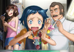 +_+ 1girl 2boys anger_vein blue_eyes blue_hair blush blush_stickers brown_eyes brown_hair character_doll denim denim_skirt doll fang fangs figure glasses gundam gundam_build_fighters hairband highres iori_sei kantai_collection kongou_(kancolle) kousaka_china kyodairobo lunamaria_hawke miniskirt multiple_boys ral-san shaded_face short_hair skirt stellar_loussier sweatdrop thighhighs white_thighhighs
