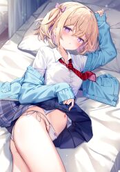 1girl :o blonde_hair blue_cardigan blue_skirt blush bow breasts cardigan clothes_lift collared_shirt colored_inner_hair commentary_request cover cover_page cowboy_shot diagonal-striped_clothes diagonal-striped_necktie dress_shirt hair_between_eyes hair_bow hair_ornament hairclip heart heart-shaped_pupils highres kinokomushi lifting_own_clothes long_sleeves looking_at_viewer loose_necktie lying multicolored_hair navel necktie novel_cover novel_illustration off_shoulder official_art on_bed on_side one_side_up open_cardigan open_clothes original panties parted_lips pillow pink_bow pink_hair plaid_clothes plaid_skirt pleated_skirt purple_eyes red_necktie school_uniform shirt short_hair side-tie_panties skirt skirt_lift sleeves_past_wrists small_breasts solo string_panties striped_clothes symbol-shaped_pupils two-tone_hair underwear white_panties white_shirt