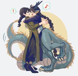 2boys androgynous animal_ears animal_feet animal_hands bifuteki_(bi_futeki) black_hair blonde_hair braid braided_ponytail braided_tail changpao chinese_clothes claws commentary_request dragon_boy dragon_ears eastern_dragon_horns eastern_dragon_tail fang full_body highres hug long_hair male_focus monster_boy multicolored_hair multiple_boys original pelvic_curtain simple_background standing standing_on_one_leg streaked_hair tail tail_wagging tiptoes tongue tongue_out very_long_hair very_long_tail yellow_background yuin_(bifuteki)