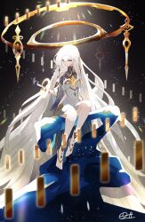 1girl absurdres artist_name bare_shoulders braid colored_extremities commentary_request detached_sleeves dress feet genshin_impact glowing halo highres istaroth_(genshin_impact) long_hair purple_hands signature sitting sleeveless sleeveless_dress solo space very_long_hair white_dress white_hair white_sleeves yellow_eyes zeroartwo