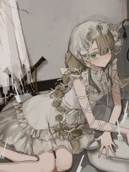 1girl blonde_hair blood blood_on_clothes blood_on_wall blush bow braid center-flap_bangs center_frills chain chin_strap closed_mouth colored_eyelashes commentary_request cross curtains dress electric_plug floor fork frilled_dress frills frown green_eyes hair_ribbon headscarf highres indoors kote1 lace_trim leaning_to_the_side long_hair looking_at_viewer looking_to_the_side multi-tied_hair on_floor original red_ribbon ribbon sakihara_konomi see-through_curtains short_dress sitting sleeveless sleeveless_dress solo table_knife torn torn_curtains tress_ribbon twin_braids unfinished waist_bow white_bow white_dress white_headscarf white_ribbon yokozuwari