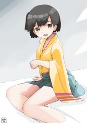 Rule 34 | 1girl, absurdres, black hair, brown eyes, commentary request, green hakama, grey background, hakama, hakama short skirt, hakama skirt, highres, hiryuu (kancolle), japanese clothes, kantai collection, kimono, looking at viewer, one side up, orange kimono, short hair, sitting, skirt, solo, toplow, yokozuwari