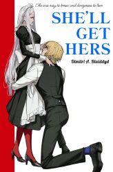 Rule 34 | 1boy, 1girl, alternate costume, amikoiiko, apron, black dress, black pants, black shoes, black vest, blonde hair, blue socks, book cover redraw, character name, closed mouth, copyright name, cursive, derivative work, dimitri alexandre blaiddyd, dress, edelgard von hresvelg, english text, eye contact, eyepatch, fingernails, fire emblem, fire emblem: three houses, frilled apron, frills, full body, hand in another&#039;s hair, hand on another&#039;s back, high heels, highres, hugging another&#039;s leg, juliet sleeves, long hair, long sleeves, looking at another, maid, maid apron, maid headdress, medium hair, nintendo, on one knee, pants, pantyhose, pleated pants, pocket, puffy sleeves, purple eyes, red background, red pantyhose, shirt, shoes, simple background, socks, vest, waist apron, waistcoat, white apron, white background, white hair, white shirt, white sleeve cuffs