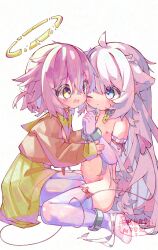 2girls blue_eyes demon_tail elbow_gloves flat_chest gloves halo highres ika2879755 loli long_hair multiple_girls nipples one_eye_closed original pink_hair skirt tail thighhighs