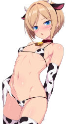 Rule 34 | 1girl, animal ears, animal print, arm behind back, bare shoulders, bell, belt collar, bikini, blue eyes, blush, breasts, brown hair, cameltoe, collar, collarbone, commentary request, covered erect nipples, cow ears, cow horns, cow print, cow print bikini, cow print gloves, cow print thighhighs, cowbell, cowboy shot, elbow gloves, fake animal ears, fake horns, gloves, groin, halterneck, hand on own hip, highres, horns, looking at viewer, micro bikini, navel, neck bell, original, parted bangs, parted lips, print bikini, print gloves, print thighhighs, red collar, short hair, simple background, small breasts, solo, standing, stomach, string bikini, swimsuit, thighhighs, underboob, white background, white bikini, white gloves, white thighhighs, zack (haiuinndo)