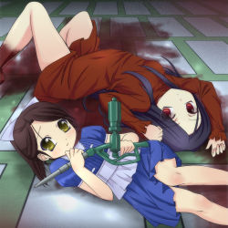 2girls alma_wade bioshock bioshock_(series) bioshock_2 black_hair blood brown_hair child dress f.e.a.r. female_focus little_sister_(bioshock) lying mugichapunch multiple_girls red_eyes tamama_maki weapon yellow_eyes yukioomugi