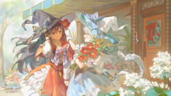 2girls absurdres awning belt black_hat blush bouquet bow braid braided_ponytail brown_belt brown_hair building capelet commission commissioner_name day door dress ema3 eye_contact fang floating_hair flower frilled_dress frills gloves hair_between_eyes hair_flower hair_ornament hand_in_own_hair hat hat_bow highres holding holding_bouquet long_hair looking_at_another multiple_girls original outdoors overskirt purple_eyes red_capelet red_dress red_flower red_skirt shirt skeb_commission skirt smile thank_you twitter_username very_long_hair vial white_dress white_flower white_gloves white_hair white_hat white_shirt witch witch_hat wreath