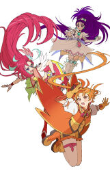 1boy 2girls aqua_hair arm_warmers back_bow blonde_hair bow bowtie brooch cropped_jacket cure_egret cure_flamingo cure_wing earrings fingerless_gloves floating_hair futari_wa_precure_splash_star gloves heart heart_brooch heart_earrings high_ponytail highres hirogaru_sky!_precure in-franchise_crossover jacket jewelry leg_warmers long_hair looking_at_viewer looking_to_the_side looking_up low_ponytail magical_boy magical_girl mishou_mai multicolored_hair multiple_girls orange_gloves orange_hair orange_jacket orange_shoes orange_shorts orange_vest outstretched_arm ponytail precure puffy_short_sleeves puffy_sleeves purple_eyes purple_hair red_eyes red_hair shirako_love shirt shoes short_shorts short_sleeves shorts simple_background skirt sleeveless sleeveless_jacket streaked_hair takizawa_asuka thigh_strap tropical-rouge!_precure two-tone_hair very_long_hair vest white_arm_warmers white_background white_bow white_bowtie white_gloves white_shirt white_skirt yuunagi_tsubasa