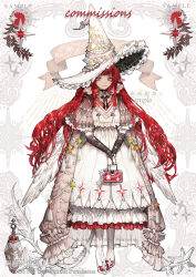 Rule 34 | 1girl, absurdres, bag, baiguiyu, black gloves, closed mouth, dress, feathered wings, frilled dress, frills, full body, gloves, hat, hat ornament, highres, holding, long hair, looking at viewer, original, pointy ears, red eyes, red hair, short sleeves, smile, solo, standing, star (symbol), very long hair, white background, white dress, white wings, wings, witch hat