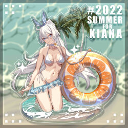 1girl 2022 absurdres ahoge bikini bikini_skirt blue_eyes breasts character_name choker cleavage closed_mouth full_body headband highres holding holding_swim_ring honkai_(series) honkai_impact_3rd huiqian innertube kiana_kaslana long_hair looking_at_viewer navel palm_tree solo swim_ring swimsuit tree water watermark white_bikini white_choker white_hair
