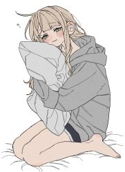 Rule 34 | 1girl, barefoot, dayama, green eyes, grey hoodie, hood, hood down, hoodie, hugging object, kaburaki roco, nijisanji, pillow, pillow hug, sitting, solo, virtual youtuber, wariza