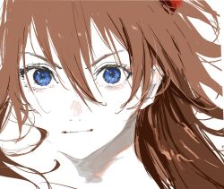 &gt;:) 1girl blending blue_eyes brown_hair close-up closed_mouth colored_skin commentary english_commentary floating_hair hair_between_eyes highres long_hair looking_at_viewer needbee_r neon_genesis_evangelion sidelocks sketch smile solo souryuu_asuka_langley v-shaped_eyebrows white_background white_skin