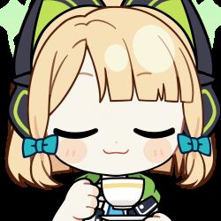 Rule 34 | 1girl, :3, animal ear headphones, animal ears, animated, animated gif, aqua necktie, blonde hair, blue archive, blunt bangs, blunt ends, blush stickers, bow, cat ear headphones, cat ears, chibi, chibi only, chunye haruya, closed eyes, closed mouth, collared shirt, commission, cup, disembodied hand, dot nose, drinking, facing viewer, fake animal ears, green bow, green halo, green jacket, hair bow, halo, headphones, holding, holding cup, holding saucer, jacket, low-tied sidelocks, lowres, medium hair, midori (blue archive), missing commentary, necktie, open clothes, open jacket, parted bangs, saucer, school uniform, second-party source, shirt, sidelocks, simple background, smile, solo, teacup, transparent background, u u, upper body, white shirt
