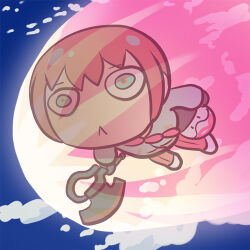 1girl amate_yuzuriha aqua_eyes axe bodysuit burning chibi closed_mouth gundam gundam_gquuuuuux haro hat heat_hawk holding holding_axe jacket long_sleeves lowres mecha_pilot_suit n-master normal_suit_(gundam) red_bodysuit red_hair science_fiction shirt short_hair skirt weapon