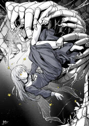 1girl arm_up bang_dream! bang_dream!_it&#039;s_mygo!!!!! barefoot black_choker black_ribbon chinese_commentary choker collar commentary_request dated dress expressionless falling fingernails floating_clothes flower frilled_choker frilled_collar frills from_side greyscale highres insect_wings leaf legs_up long_dress long_hair looking_at_viewer marionette monochrome parted_lips plant puppet puppet_strings qingwa_chi_she ribbon sidelocks signature silk solo spot_color star_(sky) starry_sky_background stone_wall swept_bangs vines wakaba_mutsumi webbing wings yellow_eyes yellow_flower
