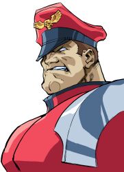 1boy angry bengus capcom clenched_teeth from_side game_cg hat highres m._bison male_focus muscular muscular_male no_pupils non-web_source official_art parted_lips peaked_cap portrait simple_background solo street_fighter street_fighter_zero_(series) teeth upper_body white_background white_eyes